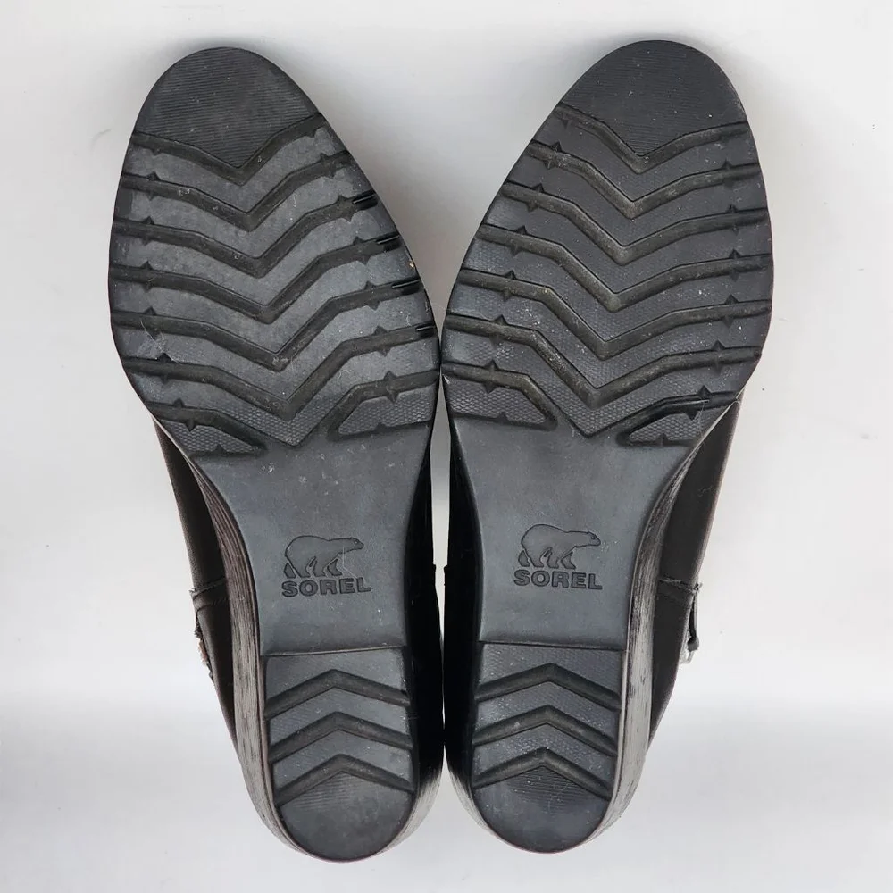 SOREL After Hours Mid Boot Black Leather Wedge Booties Size 8.5